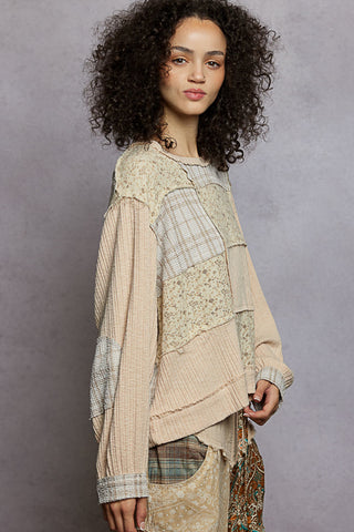 POL Patchwork Ribbed Top – Plaid & Floral Contrast