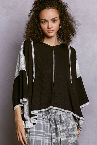 POL V-Neck Relaxed Fit Short Sleeve Hoodie- Black