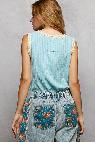 Pol Lace Trim Ribbed Sleeveless Tank Top Water Blue