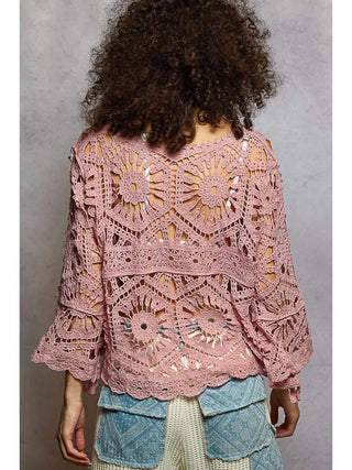 POL Crochet Lace Boho Top for Women Rose Pink