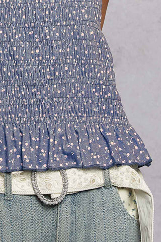 POL Round neck, slim fit top with smocked detail body- Cornflower Blue