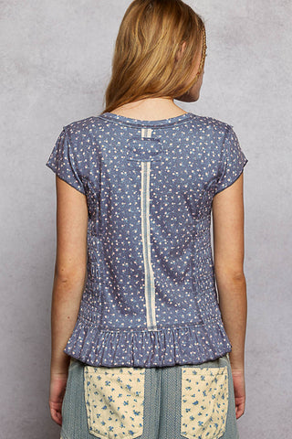 POL Round neck, slim fit top with smocked detail body- Cornflower Blue
