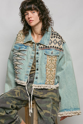 POL - Denim Jacket With Patchwork Design - Denim
