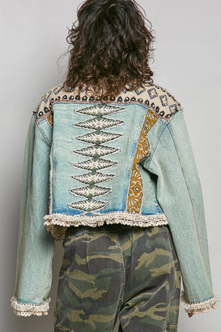 POL - Denim Jacket With Patchwork Design - Denim