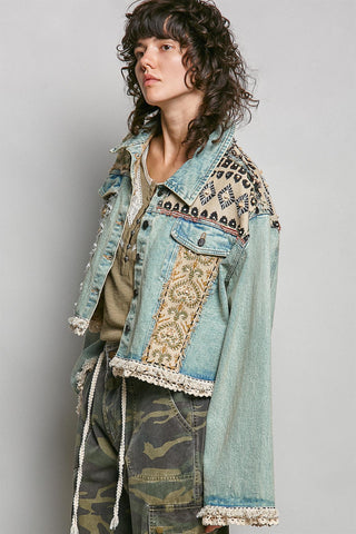 POL - Denim Jacket With Patchwork Design - Denim