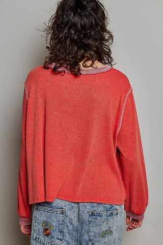 Pol Vintage Waffle Knit Oversized Long Sleeve, Cherry Red