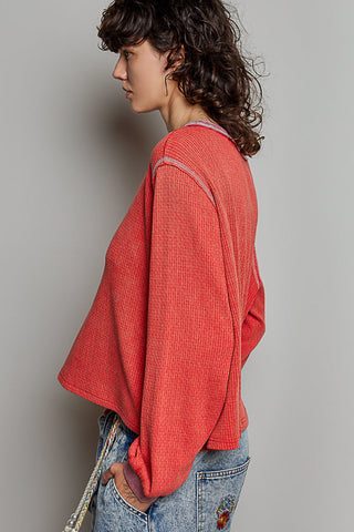 Pol Vintage Waffle Knit Oversized Long Sleeve, Cherry Red