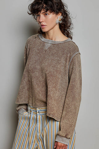 Pol Vintage Waffle Knit Oversized Long Sleeve, Chocolate