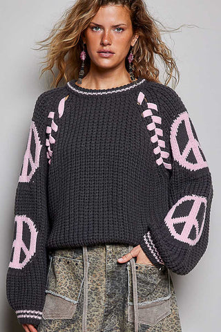 POL Tie Accent Peace Sign Chenille Sweater