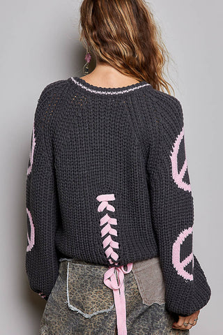 POL Tie Accent Peace Sign Chenille Sweater
