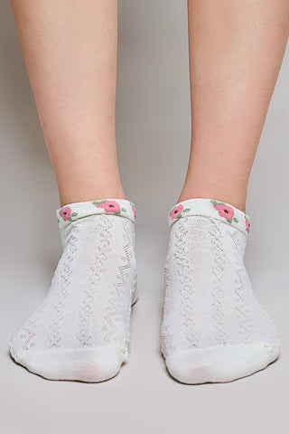 Floral Ankle Socks, White with Pink & Green Pattern