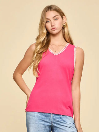 Dear Scarlett - Embroidered Stitching Detail Sleeveless Top - Hot Pink
