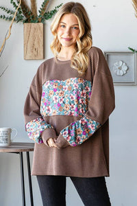 HEIMISH - LONG PUFF SLEEVE SOLID URBAN RIBBED AND FLORAL TOP