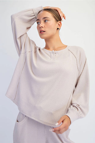 Rae Mode Waffle Knit Long Sleeve Lounge Top Taupe