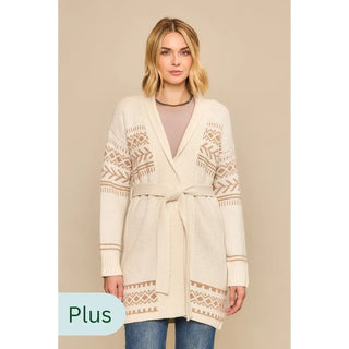 Tribal Print Waist Tie Cardigan, Natural