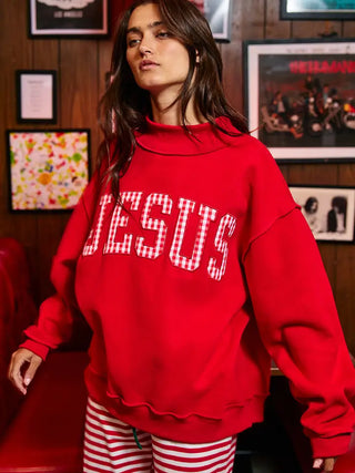 BUCKETLIST -  Jesus Gingham Applique Mock-Neck Sweatshirt - Red