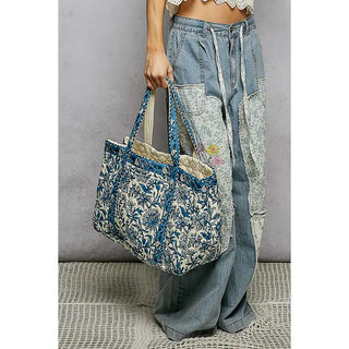 POL - Ivory Blue Bohemian Roomy Fit Floral Print Woven Tote Bag
