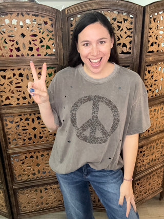 Easel - Ash Short Sleeve Peace Printed Top