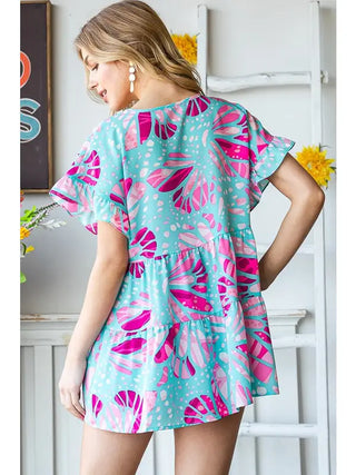 Heimish - Dolman Short Sleeve with Ruffled Geometric Print - Light Blue/Pink
