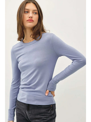Be Cool - Round Neck Long Sleeve Knit Top - Vintage Blue