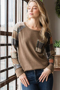 HEIMISH - SOLID WAFFLE AND PLAID TOP WITH POCKET