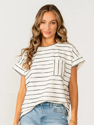 Sew in Love - Cuff Sleeves Striped Top with Chest Pocket - Ivory/Black