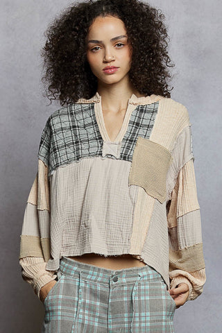Pol Oversized Gauze Patchwork Top Toasted Almond
