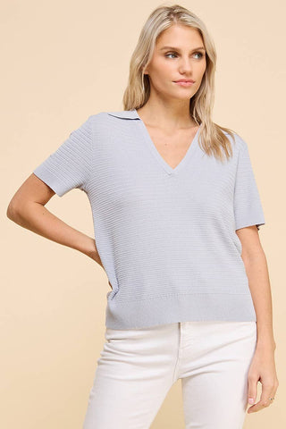Allie Rose - Fine Gauge Short Sleeve Textured Polo -Cool Grey