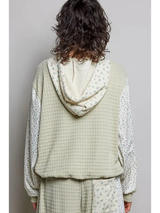 Pol - Kangaroo Pocket Mixed Knit Contrast Sleeve Hooded Pullover