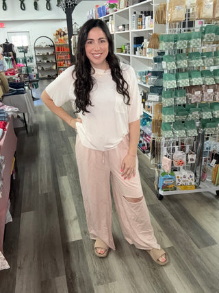 Zenana Distressed Wide Leg Sweatpants TP-5191X - Cream