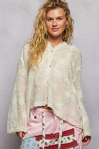 POL Sheer Floral Lace Hooded Button-Front Top