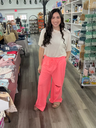 Zenana Distressed Wide Leg Sweatpants TP-5191X - Coral