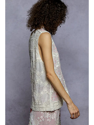 POL Embroidered Button-Front Sleeveless Top