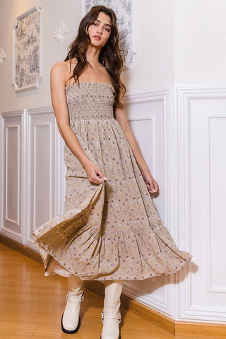 BUCKETLIST - Smocked Bodice Tube Top Midi Dress - Light Olive