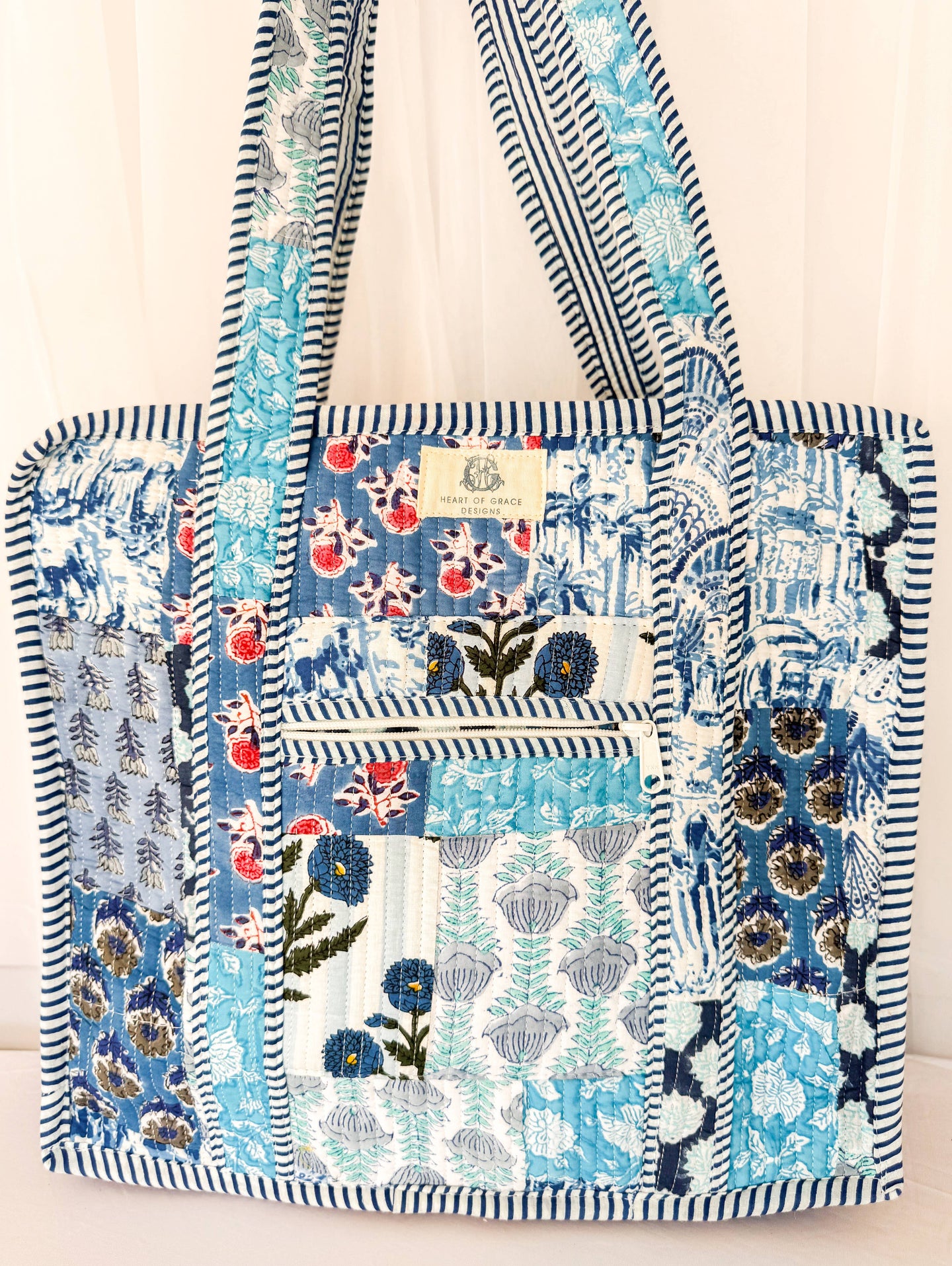 Heart of Grace - Blue City | Large Quilted Zipper Tote Bag
