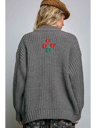 Pol Clothing - V-Neck Flower Embroidery Sweater Cardigan