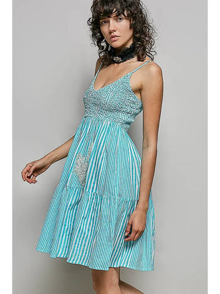POL - Striped Pattern Sleeveless Spangle Embroidered Dress