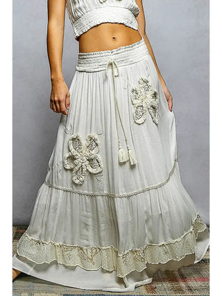 POL- Smocked Waist Ruffle Embroidered Fringe Long Skirt