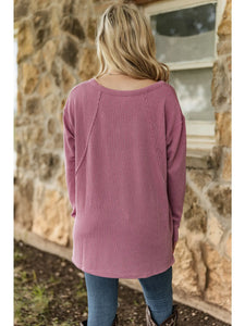 Curly Rib V Neck Long Sleeve Top