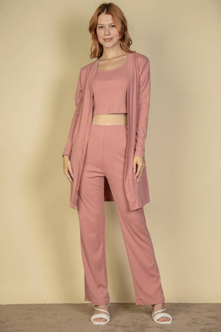 3 Piece Ribbed Lounge Set | Cardigan Tank Top Pants | Women's Matching Set- Rosewood