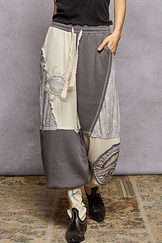 POL Double Gauze Mix Patch Floral Pattern Thermal Knit Pants- Stone Charcoal