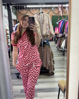 Shirley & Stone Red Checkerboard Lounge Set – Short Sleeve Top & Jogger Pants