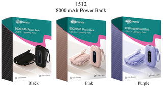Tech Trendz - 8000 mAh Power Bank w/Cables - Black/Purple/Pink