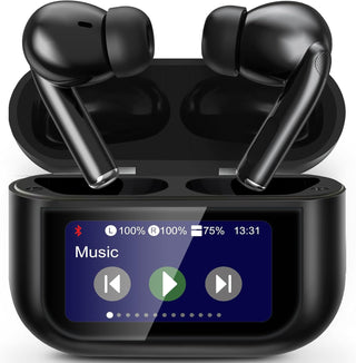 Black wireless earbuds with charging case displaying music control interface.
