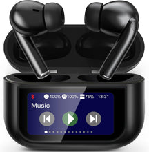 Load image into Gallery viewer, Black wireless earbuds with charging case displaying music control interface.
