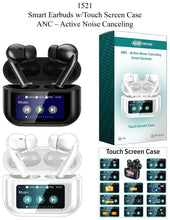 Load image into Gallery viewer, Smart earbuds with touch screen case and packaging on a white background
