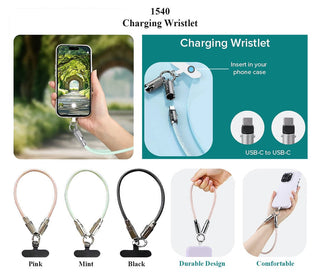 Charging wristlet product with USB-C to USB-C connection, shown in pink, mint, and black on a white background.