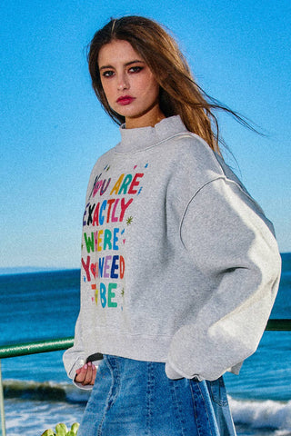 BUCKETLIST Exactly Where you Need to Be Reversible Graphic Mock-Neck Crop Sweatshirt