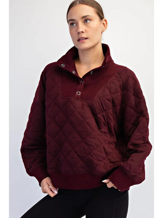 Rae Mode Cozy Quilted Snap-Neck Pullover Dark Cherry