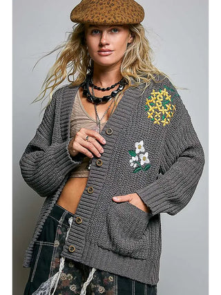 Pol Clothing - V-Neck Flower Embroidery Sweater Cardigan